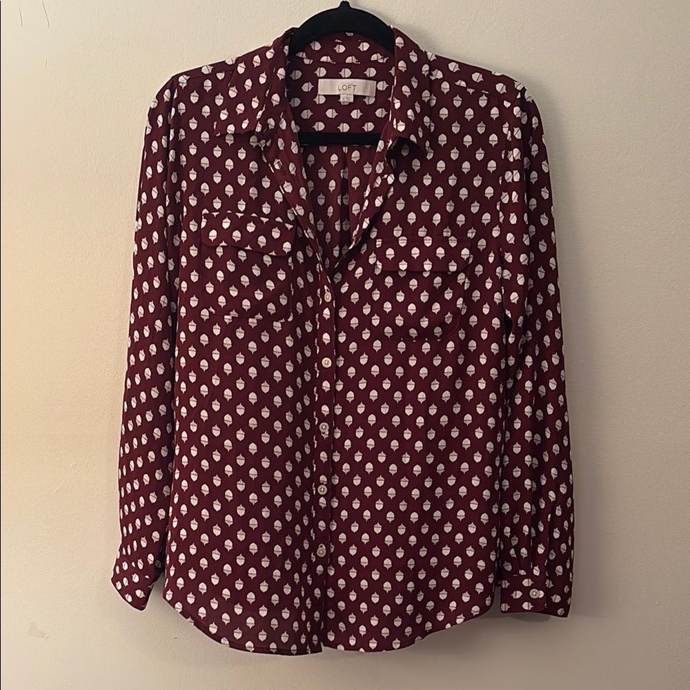 LOFT Brown and White Button Down Shirt with Notched Collar